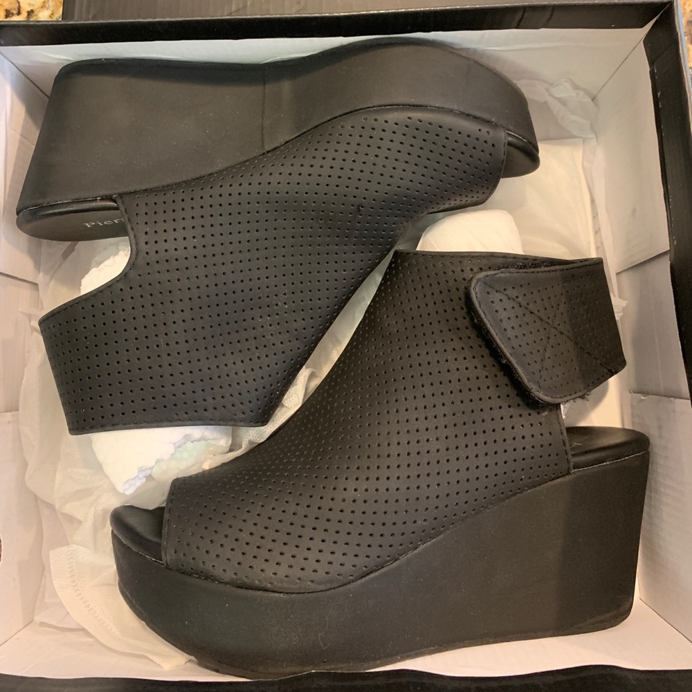 Platform Wedge Peep Toe Ankle Bootie,Black, - Picture 2 of 14